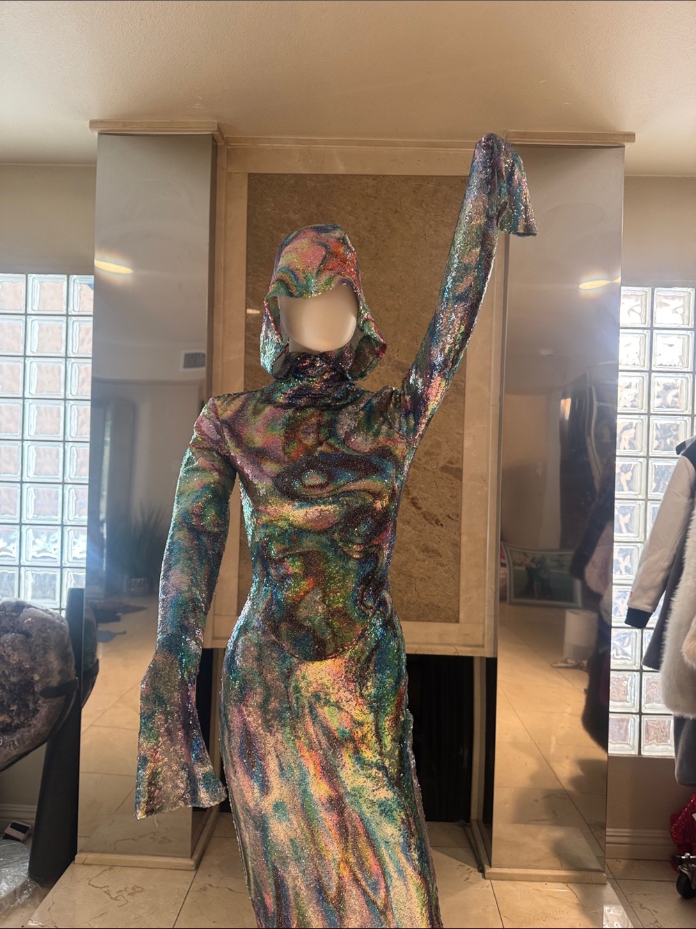 Mew Mews Nebraska Ombre Hooded Psychedelic Maxi Gown - Picture 13 of 15